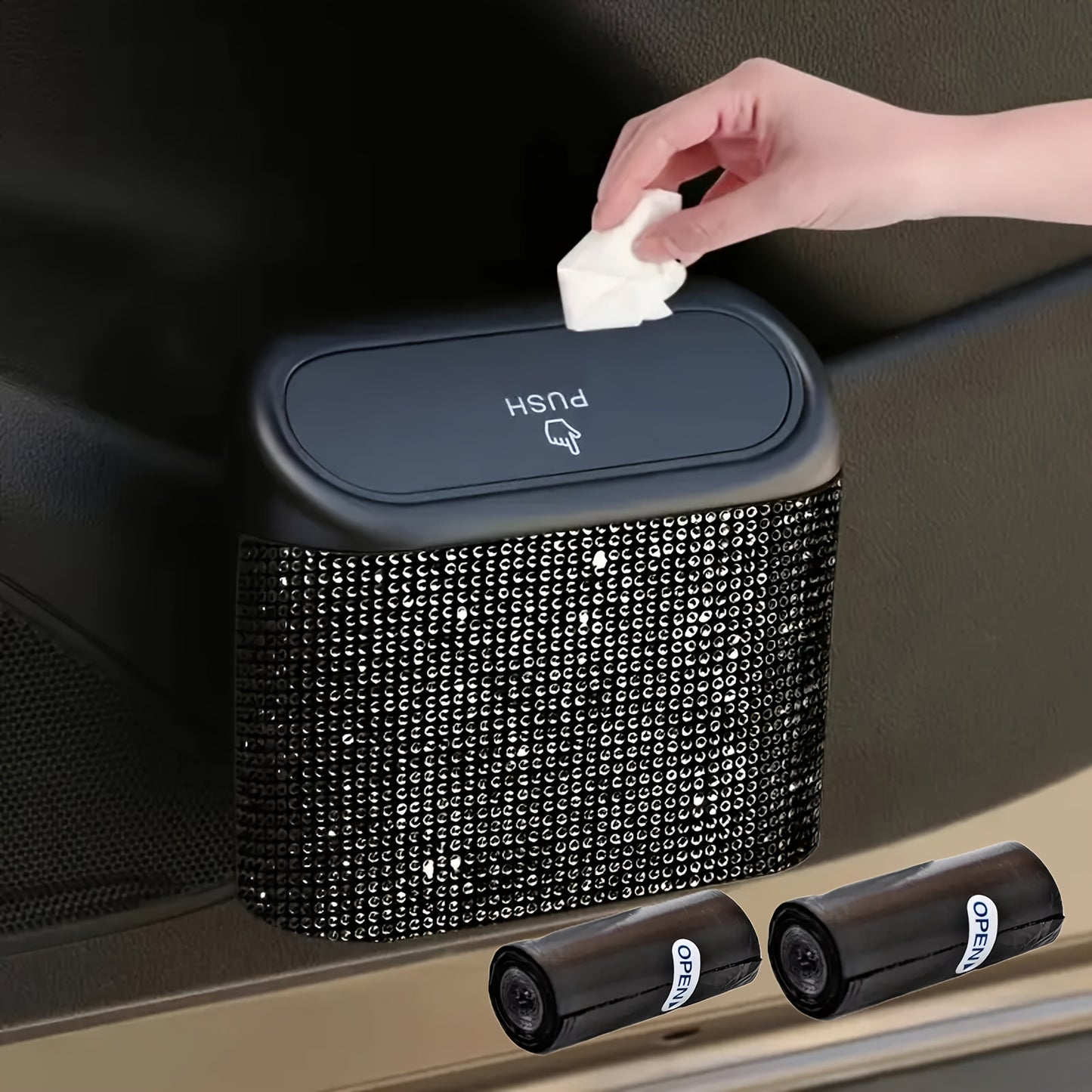 Rhinestone Push-Lid Car Trash Bin with Two Liner Bags, Black or Silver Finish and 16 cm Width