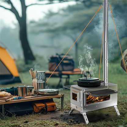 Wood Burning Stove Portable Camping Tent Stove with 7 Detachable Chimney Pipes, Stainless Steel, Adjustable Height