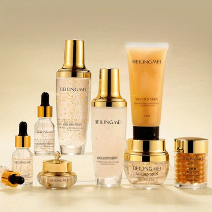 Skincare Set with BEILINGMEI Label, 9 Golden-Skin Collagen Hyaluronic Acid and Niacinamide Items