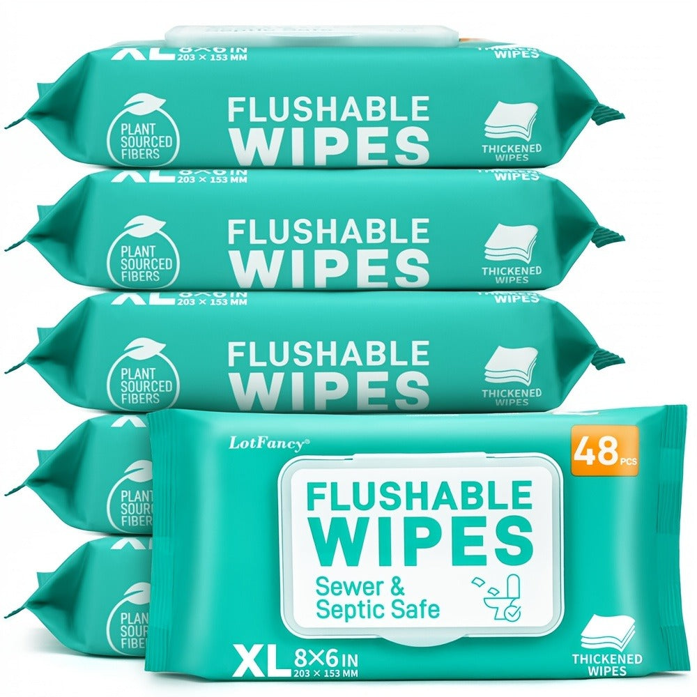 Flushable Wet Wipes Extra Large Thickened 48ct, Alcohol-Free Plant-Based Butt Wipes, Septic Safe
