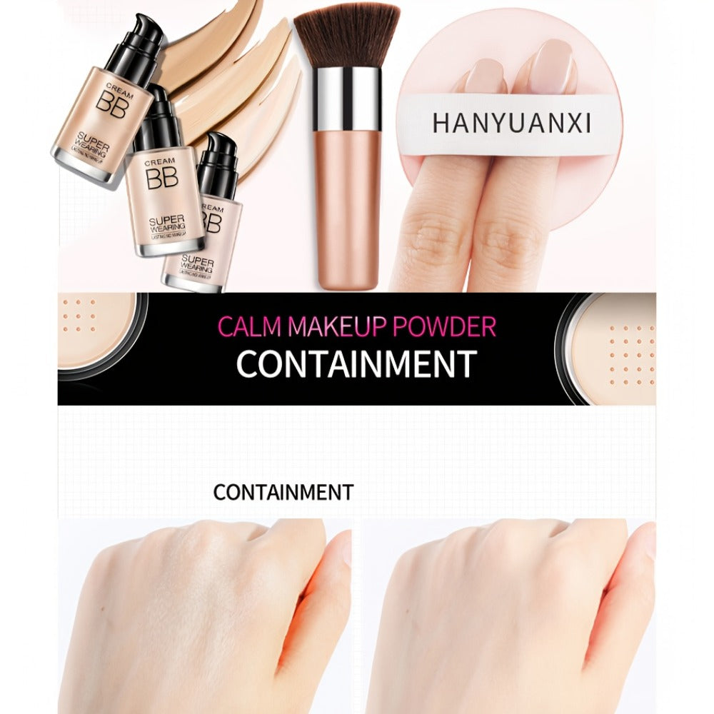 BB Cream Makeup Kit with Loose Setting Powder Brush & Sponge – Full Coverage Waterproof Long-Lasting Hydrating Foundation Set for All Skin