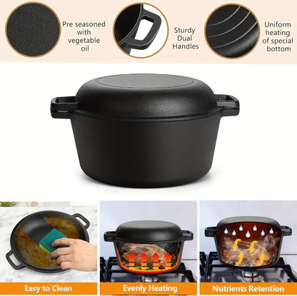 Cast Iron Dutch Oven Set 5.1QT & 7QT with Skillet Lid – Pre-Seasoned 2-in-1 Cookware for Stovetop, Induction, Oven, Campfire & BBQ