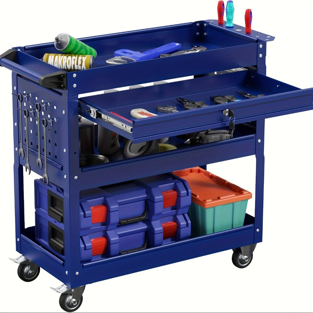 Rolling Tool Cart 3-Tier Pegboard Organizer Locking Drawer 4 Swivel Casters for Garage Workshop Mechanics Black Yellow