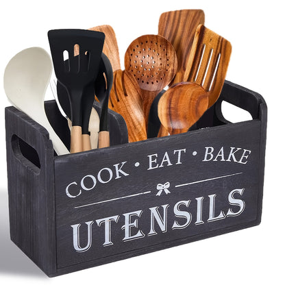 Wooden Kitchen Utensil Holder 3 Compartment Countertop Organizer, Rustic Wood Kitchen Tool Storage Box Wall Mounted or Countertop