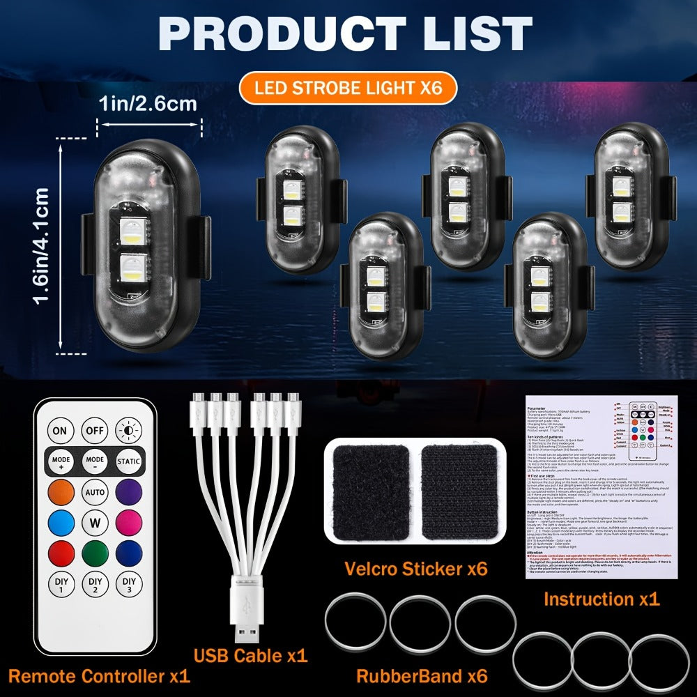 Wireless LED Strobe Warning Lights 6-Pack 8 Colors USB Charging IP65 Waterproof Anti-Collision Safety Light for Car Interior Truck