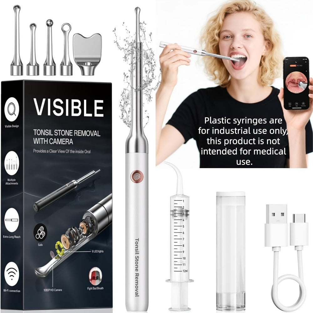 Visual Tonsil Stone Remover with 1080P HD Camera – 6 LED Lights, 5 Stainless Steel Heads, Bad Breath Prevention, iOS & Android Compatible
