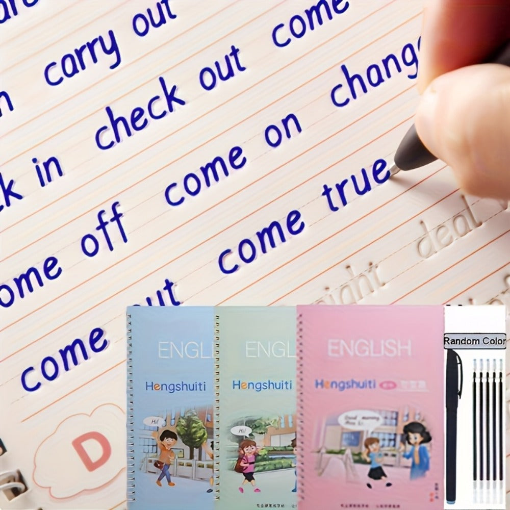 Reusable Handwriting Practice Books for Kids Ages 3-8, 4 Books + Pen + 10 Refills + Holder, Wipe Clean Calligraphy Writing Workbook Set