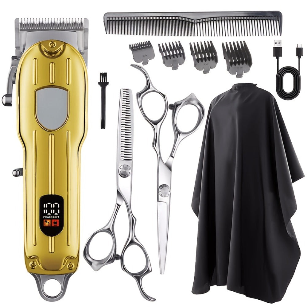 Barber Hair Clipper Kit for Men – USB Rechargeable Digital Size Adjustment, Complete Set with Scissors & 4 Limit Combs