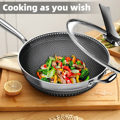 Stainless Steel Wok Set 13.3 Inch Non-stick Honeycomb Design with Lid & 2 Cookware Accessories