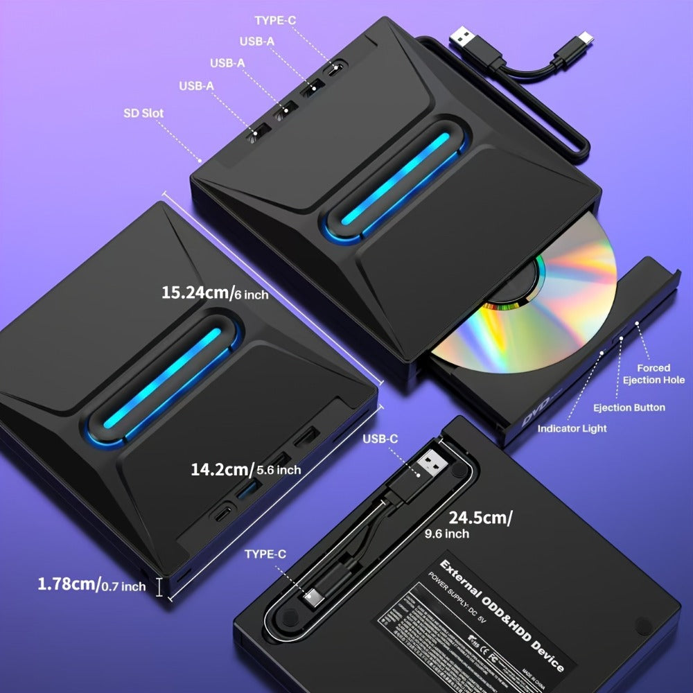 8-in-1 Luminous External CD DVD Drive USB 3.0 & Type-C - Portable CD/DVD±RW Burner Player Hub with 3 USB Ports