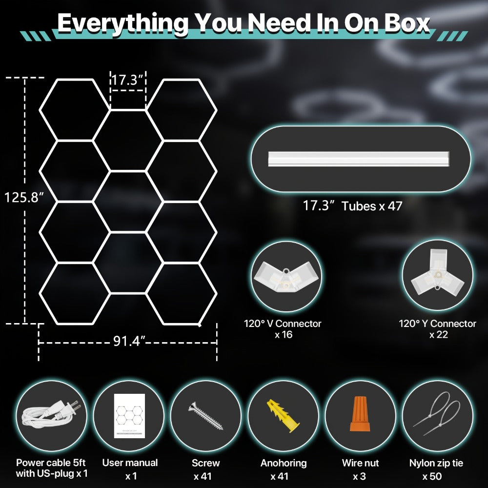 LED Hexagonal Garage Light 6500K, Super Bright Daylight White Shop Light 42W, 620W for Auto Detailing