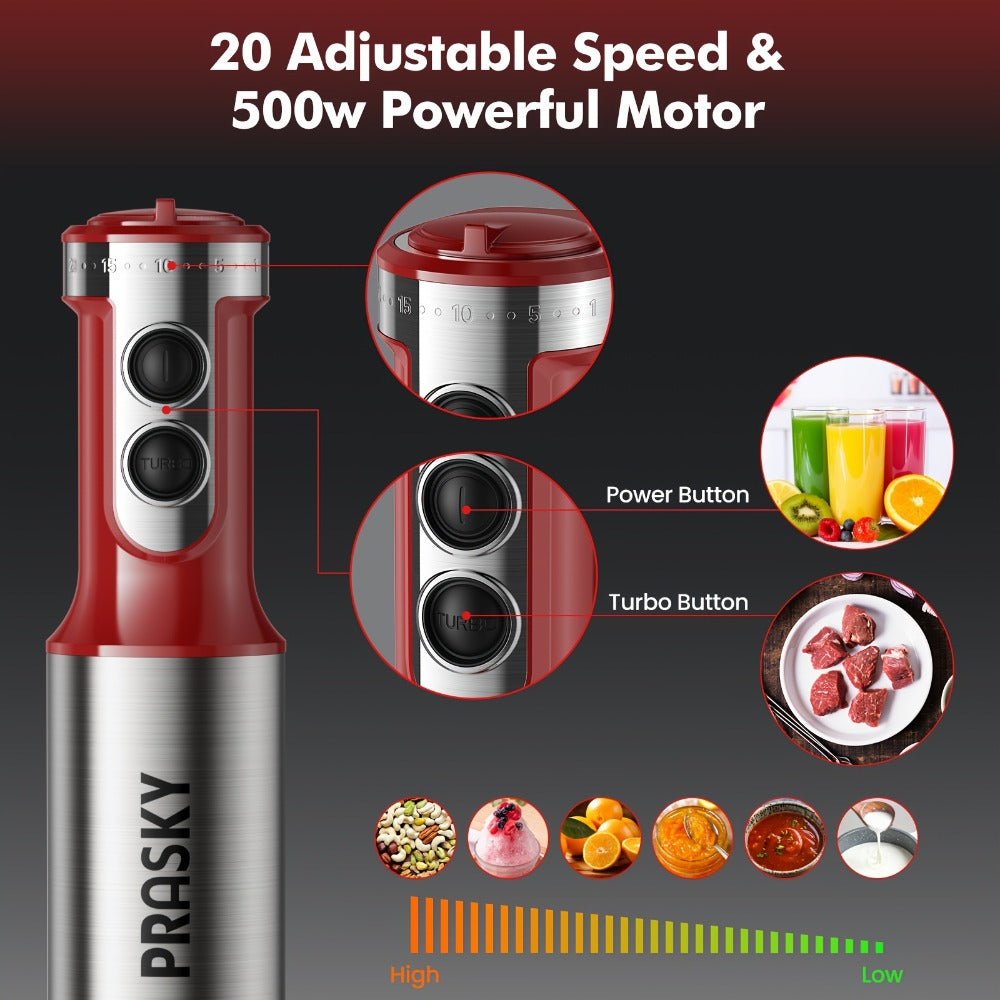 Immersion Blender 5-in-1 Handheld Mixer, Motor, Whisk Meat Chopper Measuring Cup Attachments, Stick Blender for Soups Smoothies Sauces