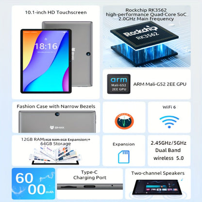 Android Tablet BMAX I9 Plus 10.1-Inch with Android 15, RK3562 CPU, 64GB Internal Storage and 6000mAh