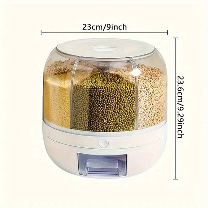 Food Storage Container Rotating Grain Dispenser with Six Compartments, Clear Dome and Front Drawer Outlet