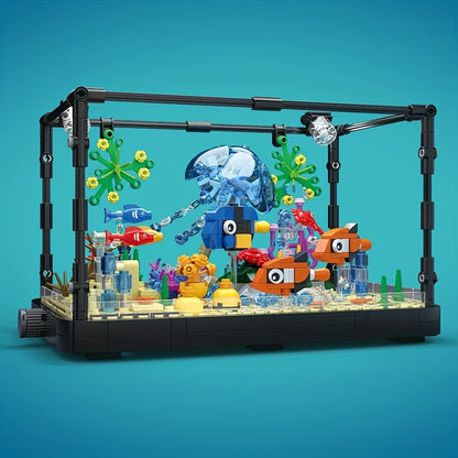 LED Aquarium Building Block Set, Fish Tank Marine Jellyfish Brick Model Kit with Glowing Light