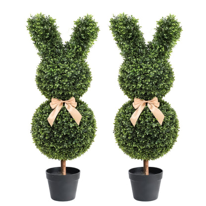 Artificial Boxwood Bunny Topiary 2-Pack, 3Ft Faux Rabbit Garden Statue with Bow, Indoor Outdoor Easter Spring Porch Decor