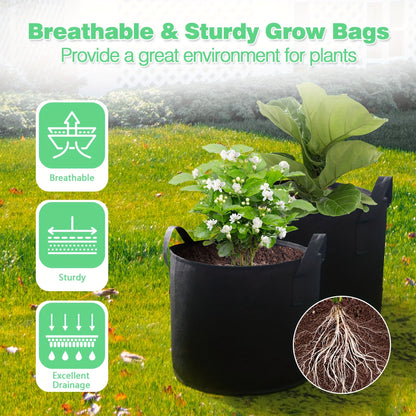 Four-Pack Black Grow Bags with Handles in 5-Gallon or 10-Gallon-Labeled Size Options for Container Gardening