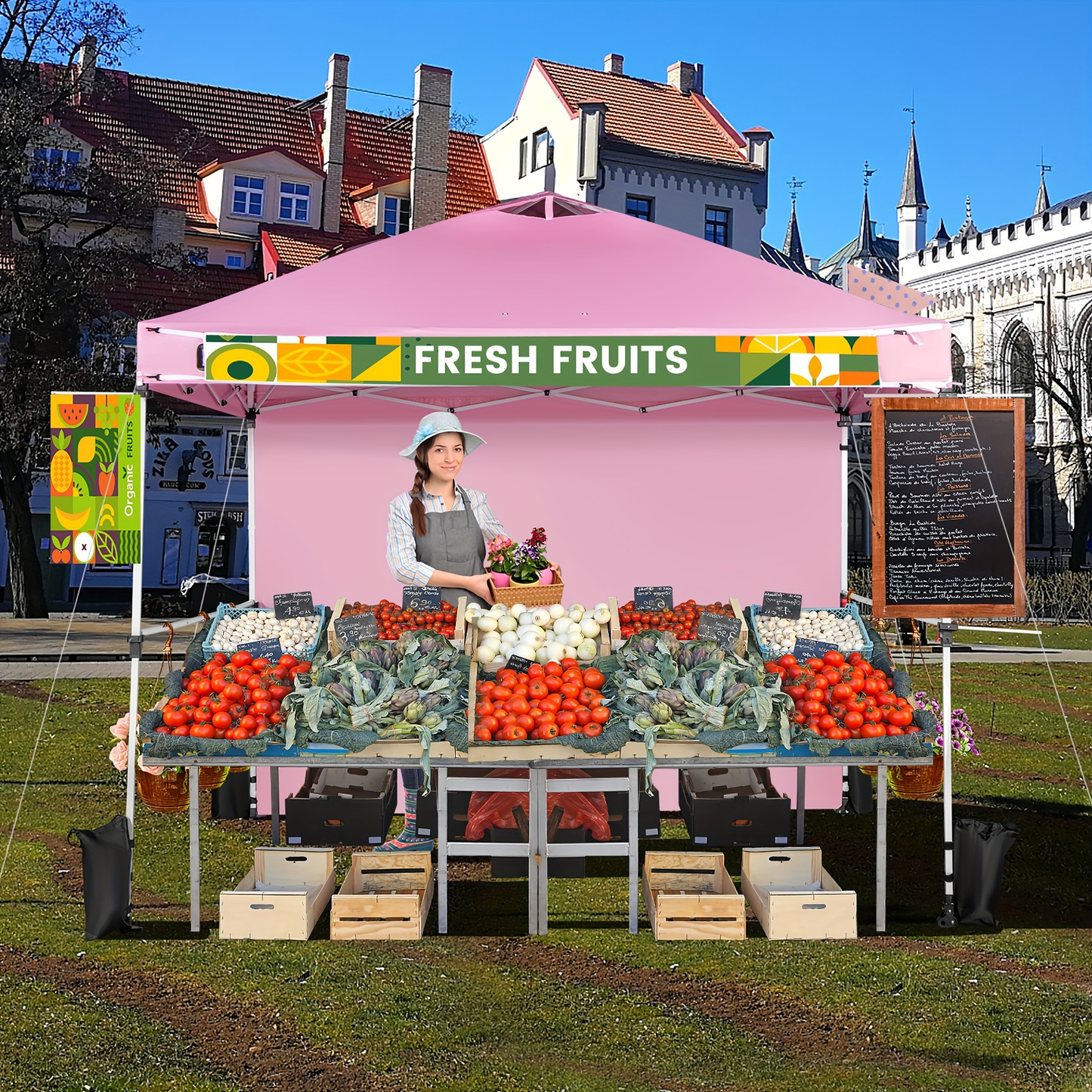 Pink 10x10ft Commercial Pop-Up Canopy Tent with Sidewall, Hanging Bars, Crossbars and Banner Strip
