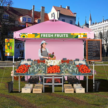 Pink 10x10ft Commercial Pop-Up Canopy Tent with Sidewall, Hanging Bars, Crossbars and Banner Strip