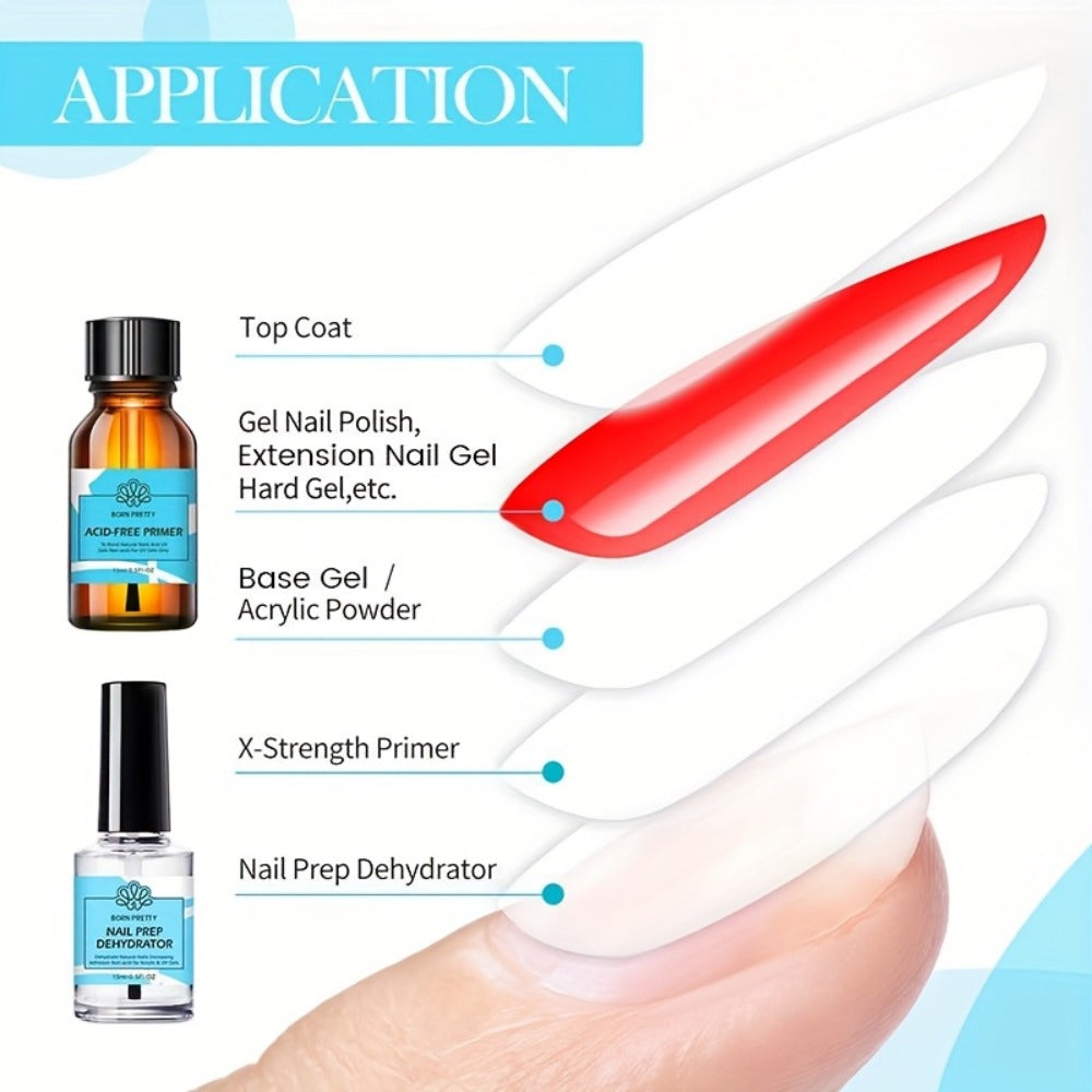 Gel Nail Prep Kit 4-Piece BORN PRETTY – Nail Dehydrator 15ml, Primer 15ml, Base Gel 10ml & Super Top Coat 10ml for Semi-Permanent