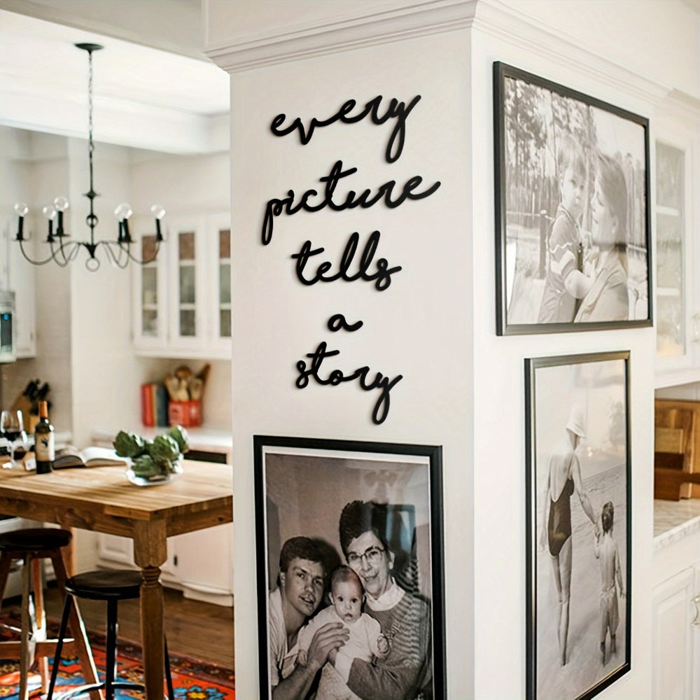 Black Metal Wall Art Photo Collage Frame – "Every Picture Tells a Story" Vertical Rectangular Contemporary Picture Display with White Border