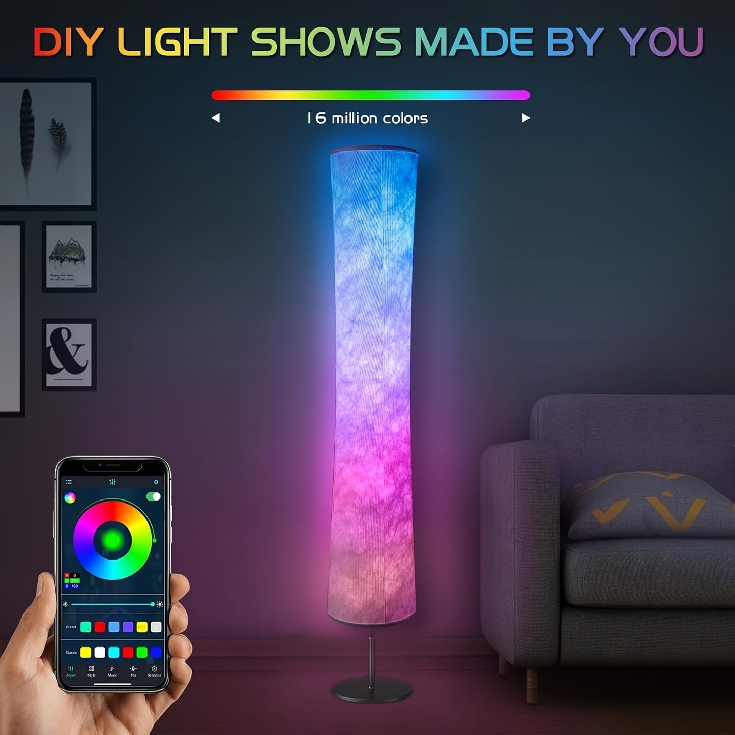 RGB Smart Floor Lamp 16 Million Colors, Music Sync, App & Remote Control, Scene Modes, White Fabric Shade Standing Lamp for Living Room
