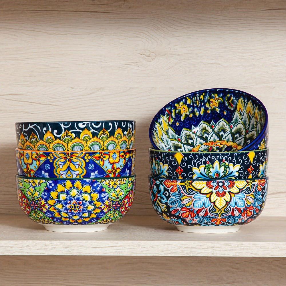Cereal Bowl Set of 6 Bohemian Style 26oz for Home Cooking, Dining and Outdoor Meals, with the Listed Configuration
