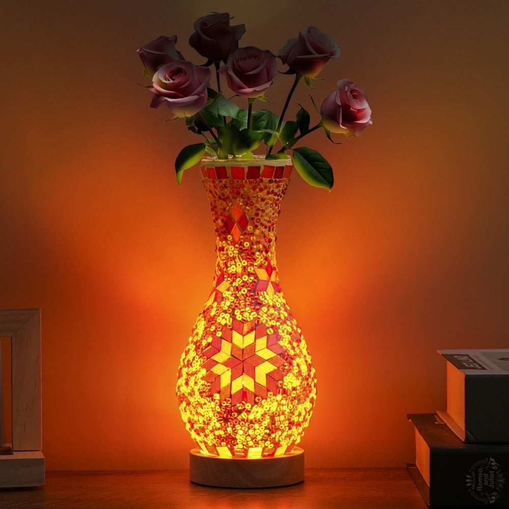 Mosaic Vase Lamp Turkish Moroccan Handmade Colorful Glass Table Lamp with Wooden Base, USB Plug-In Boho Night Light