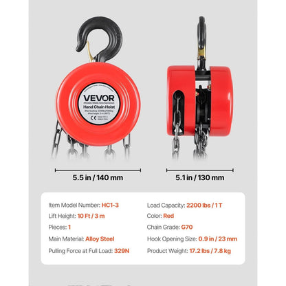 Hand Chain Hoist / Manual Chain Block with G70 Chain, 8 ft / 10 ft / 20 ft Lift Height, 360° Rotating Hooks