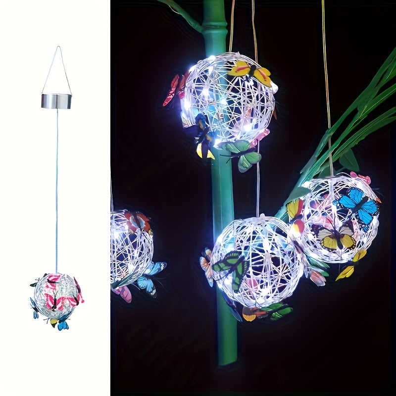 Solar Butterfly Lantern Outdoor Metal Iron Hanging Solar Light, Auto On at Dusk, White & Color Light