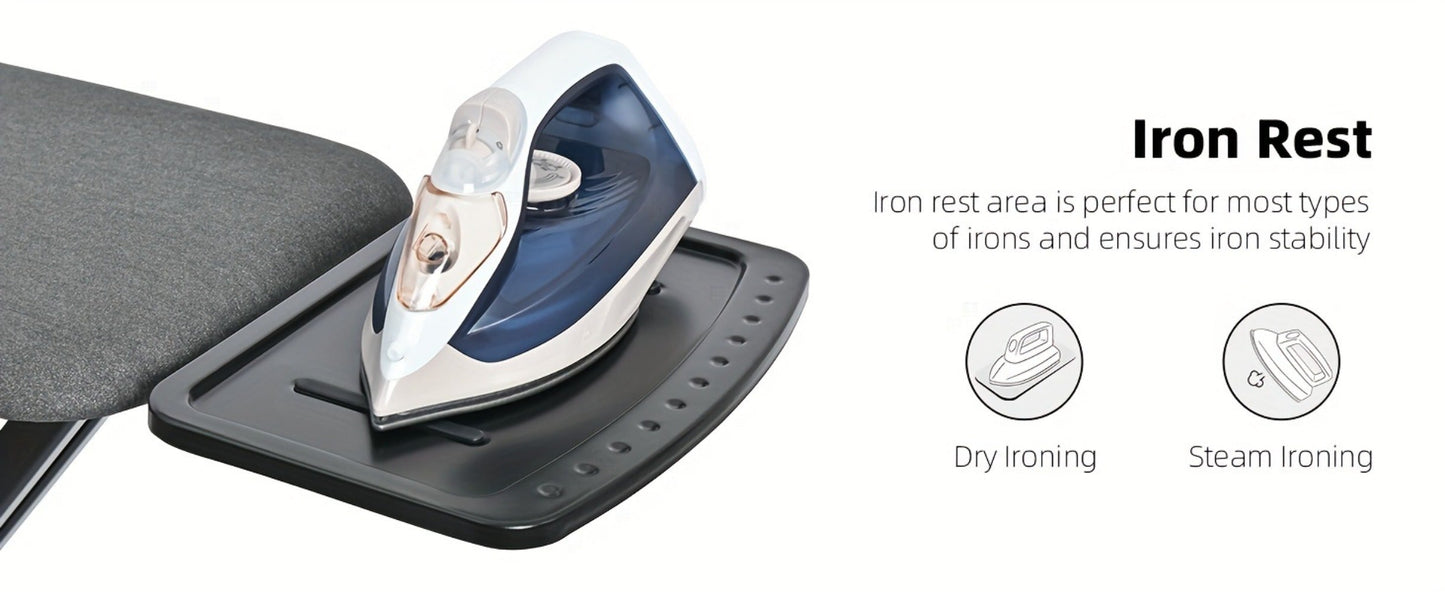 Freestanding Black Ironing Board with Multi-Height X-Leg Frame and Extended Iron-Rest Platform