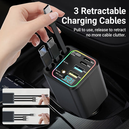 Car Charger 7-in-1 Fast Charging Hub – 3 Retractable Cables, 180° Adjustable, LED Display, USB Multi-Port for iPhone Android