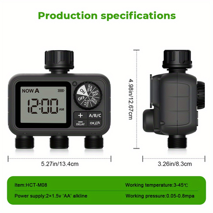 3-Zone Sprinkler Timer with Auto/Manual/Rain Delay Modes, Programmable Garden Hose Irrigation Controller