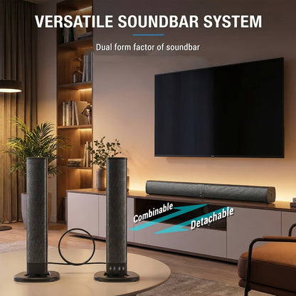 2-in-1 Detachable Wireless Soundbar for Smart TV, Surround Sound Bar with Bluetooth, RCA & AUX, Volume Control