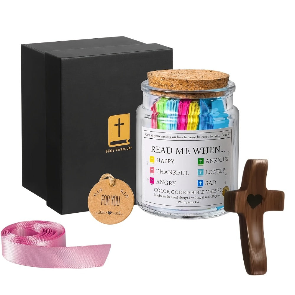Bible Verse Jar with Handmade Wooden Cross 92 Scripture Cards Christian Gift Set for Women – Easter, Christmas, Birthday