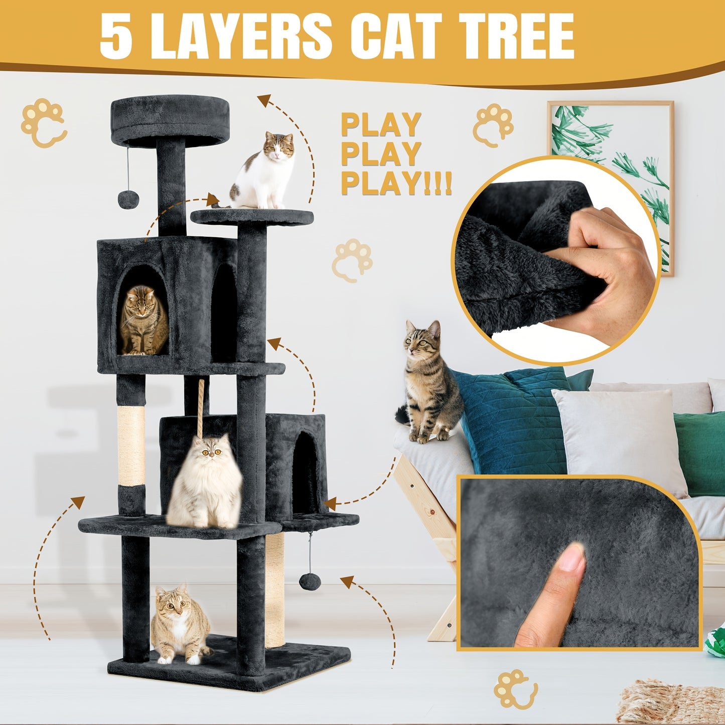 Cat Tree Tower 59 Inch Large Multi-Level Cat Tower for Indoor Cats with Plush Resting Area, Sisal Scratching Post & Hanging Ball Toy