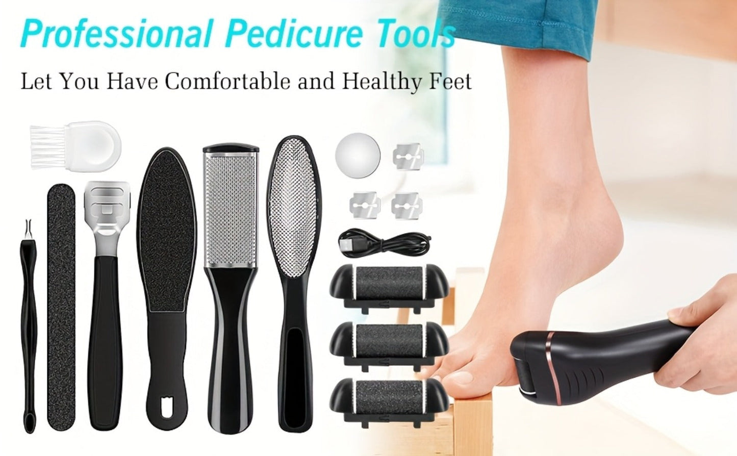 Electric Foot File 14-in-1 Rechargeable Pedicure Kit 3 Roller Heads Dead Skin Callus Remover Portable Foot Scrubber Professional Foot Care