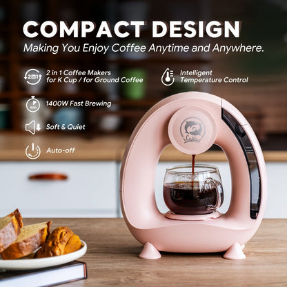Single Serve Coffee Maker 2-in-1 K-Cup Compatible and Coffee Grounds - Mini Drip Coffee for Entryways, Bedrooms and Living Spaces