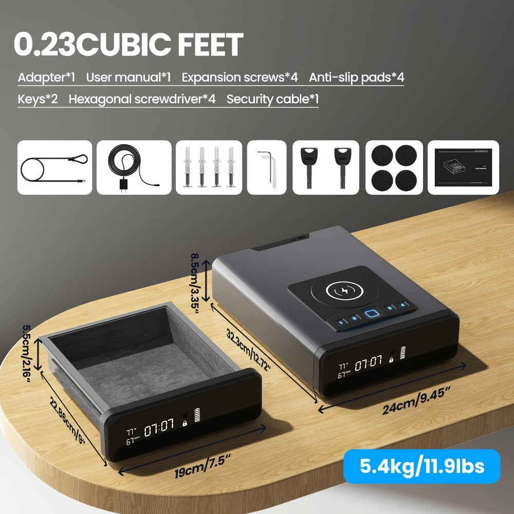 Biometric Gun Safe with Fingerprint Lock LED Clock and Wireless Charging DOJ Pistol Safe for Entryways, Bedrooms and Living Spaces