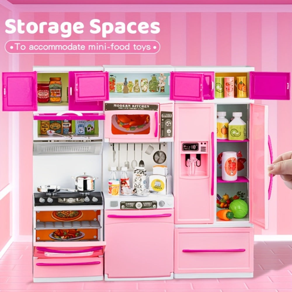 Pink Kitchen Toy Set 64pcs with Lights & Sounds, Mini Furniture Doll Playset for Girls, Pretend Play Kitchen Accessories