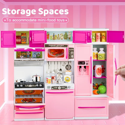 Pink Kitchen Toy Set 64pcs with Lights & Sounds, Mini Furniture Doll Playset for Girls, Pretend Play Kitchen Accessories