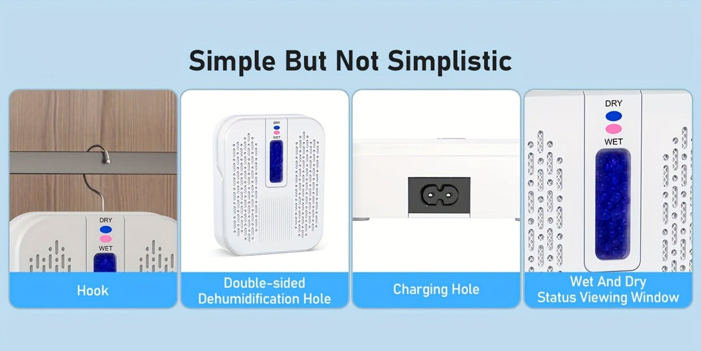 Mini Rechargeable Dehumidifier, Portable Silica Gel Moisture Absorber for Closet, Bathroom, Car, Wardrobe & Bookcase