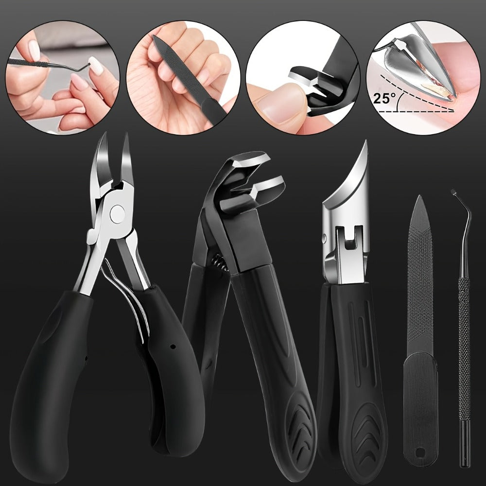 Wide-Jaw Nail Clipper Set, Six-Piece Black-Handle Kit with Curved, Slanted and Narrow Tools, Lifter, File and Storage Pouch