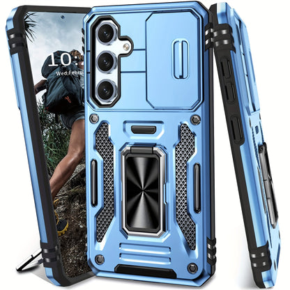 Samsung Galaxy Shockproof Magnetic Phone Case with 360° Rotating Ring Bracket & Sliding Lens Protector – Heavy Duty Cover for S24FE S23FE
