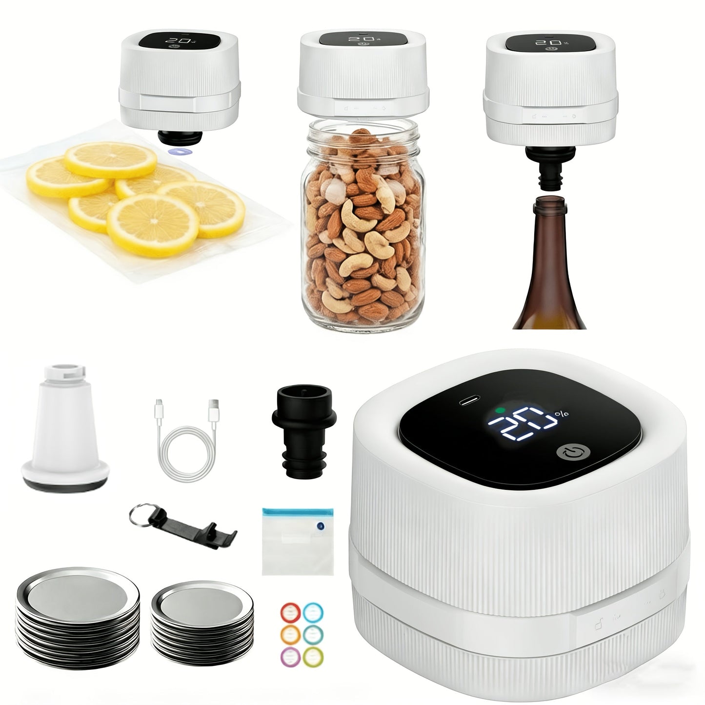 Electric Jar Vacuum Sealer 3-in-1 Food Storage Vacuum Sealer Machine with 14 Sealing Lids Wine Plug Vacuum Bag Bottle Opener