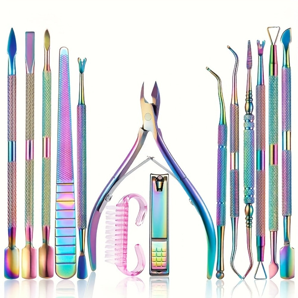 Nail Tech Kit 15pcs Professional Stainless Steel – Cuticle Nipper & Pusher Nail File Gel Polish Remover Complete Manicure Pedicure Tools