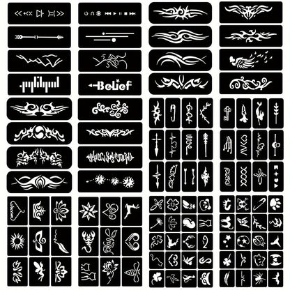 DIY Tattoo Stencils Set 12 Sheets Hollow Design Templates | Reusable Body Art Kit for Arm Ankle Ear Wrist | Waterproof Compatible with Juice