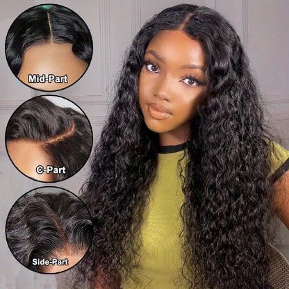 Lace Front Wig Deep Wave Human Hair, 28- or 34-Inch Natural Black with 13x4 HD Front and 250% Density