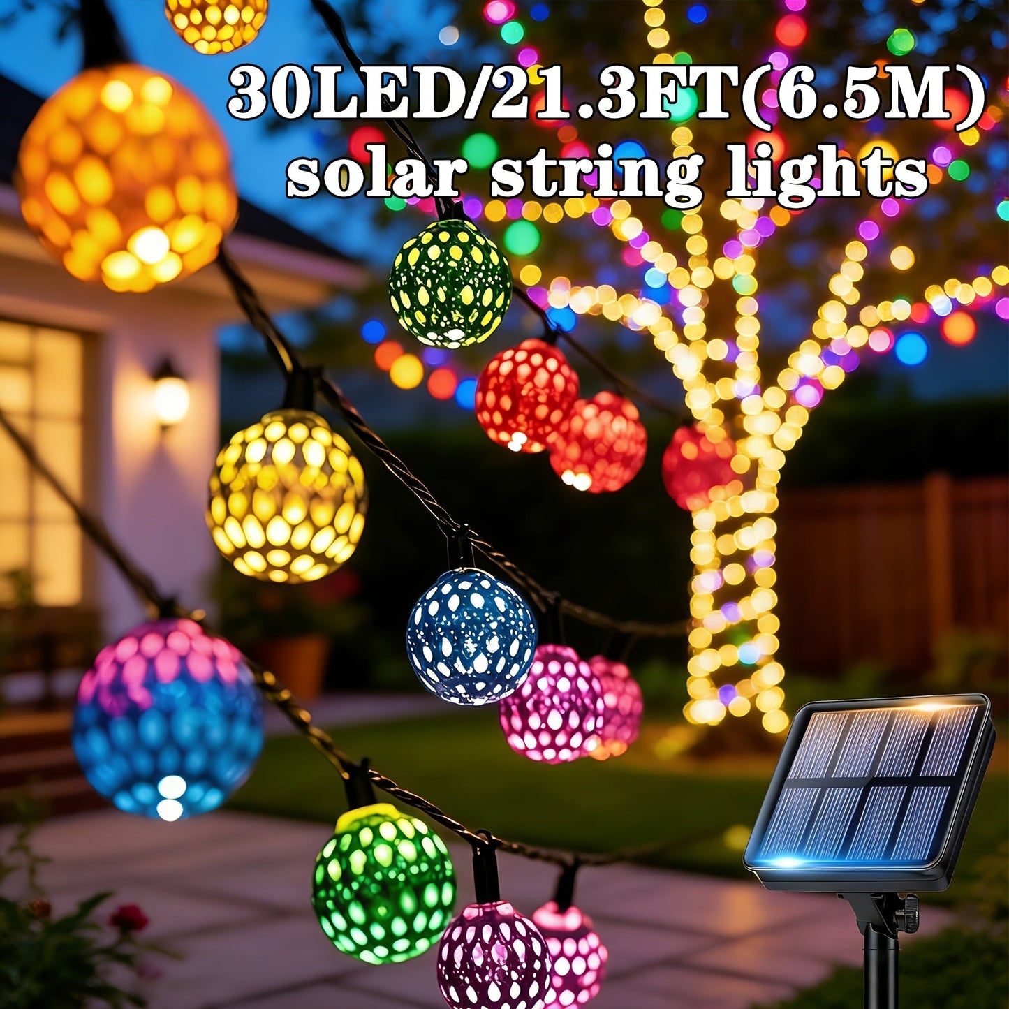 Moroccan Solar String Lights Outdoor – Metal Sphere Fairy Lights with 20/30/50 LED Beads, 8 Modes