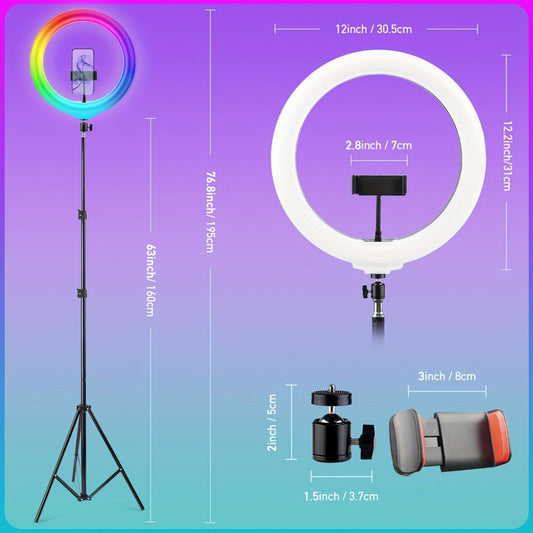 RGB Ring Light 12 Inch Dimmable with 63 Inch Adjustable Tripod USB Powered Phone Stand Gimbal for an Everyday Personal Care Routine